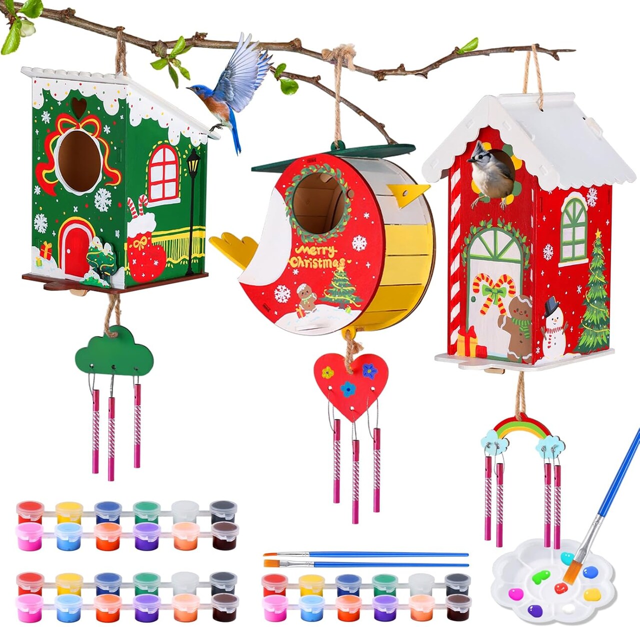 JMMICO Paint Your Own Bird Houses, Wooden Painting Crafts Kits for Kids, Wooden Woodpecker Doorbell & DIY Bird House for Outside, Arts and Crafts for Kids Ages 8-12, Gifts for 8-12 Year Old Girls and Boys